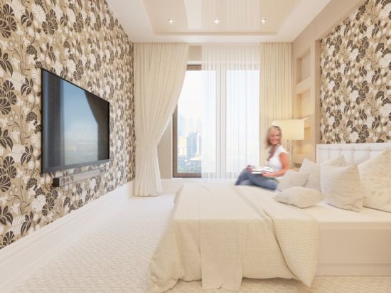 Дизайн стены с телевизором в спальне