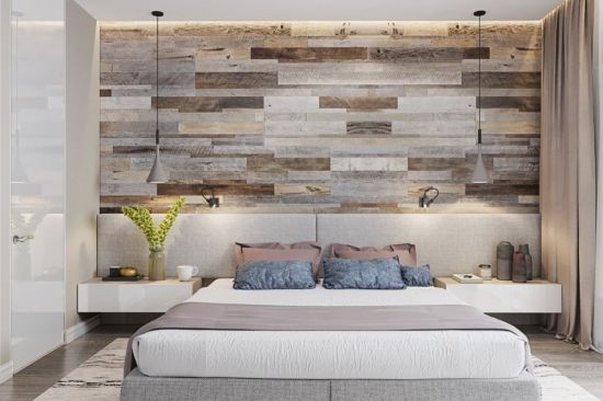 Дизайн спальни с ламинатом на стене