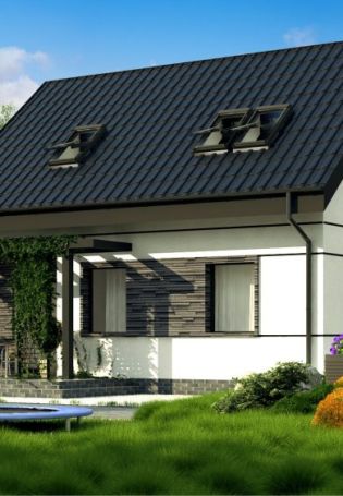 Дом с двускатной крышей и террасой