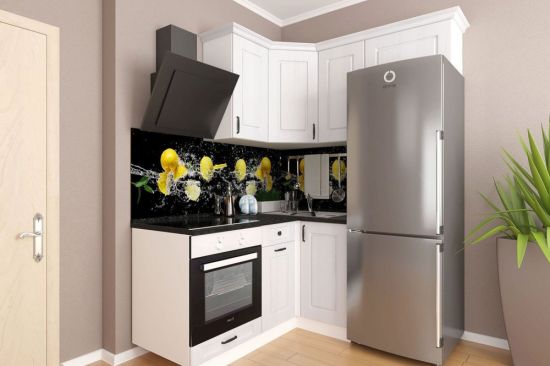Дизайн маленькой угловой кухни с холодильником