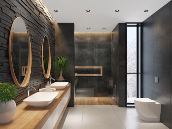 Дизайн большой ванной комнаты с туалетом