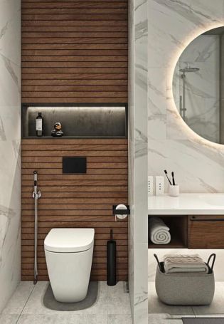 Дизайн туалета с инсталляцией мрамор и дерево