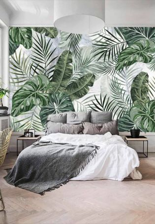 Дизайн спальни с фотообоями пальмовые листья