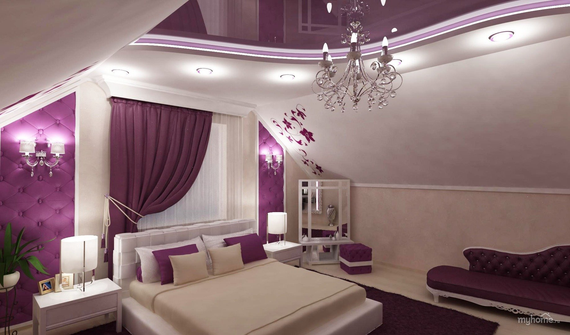 Сочетание цветов потолка. Спальня в фиолетовых тонах. Потолок в спальне. Спальня в сиреневых тонах. Фиолетовый натяжной потолок.