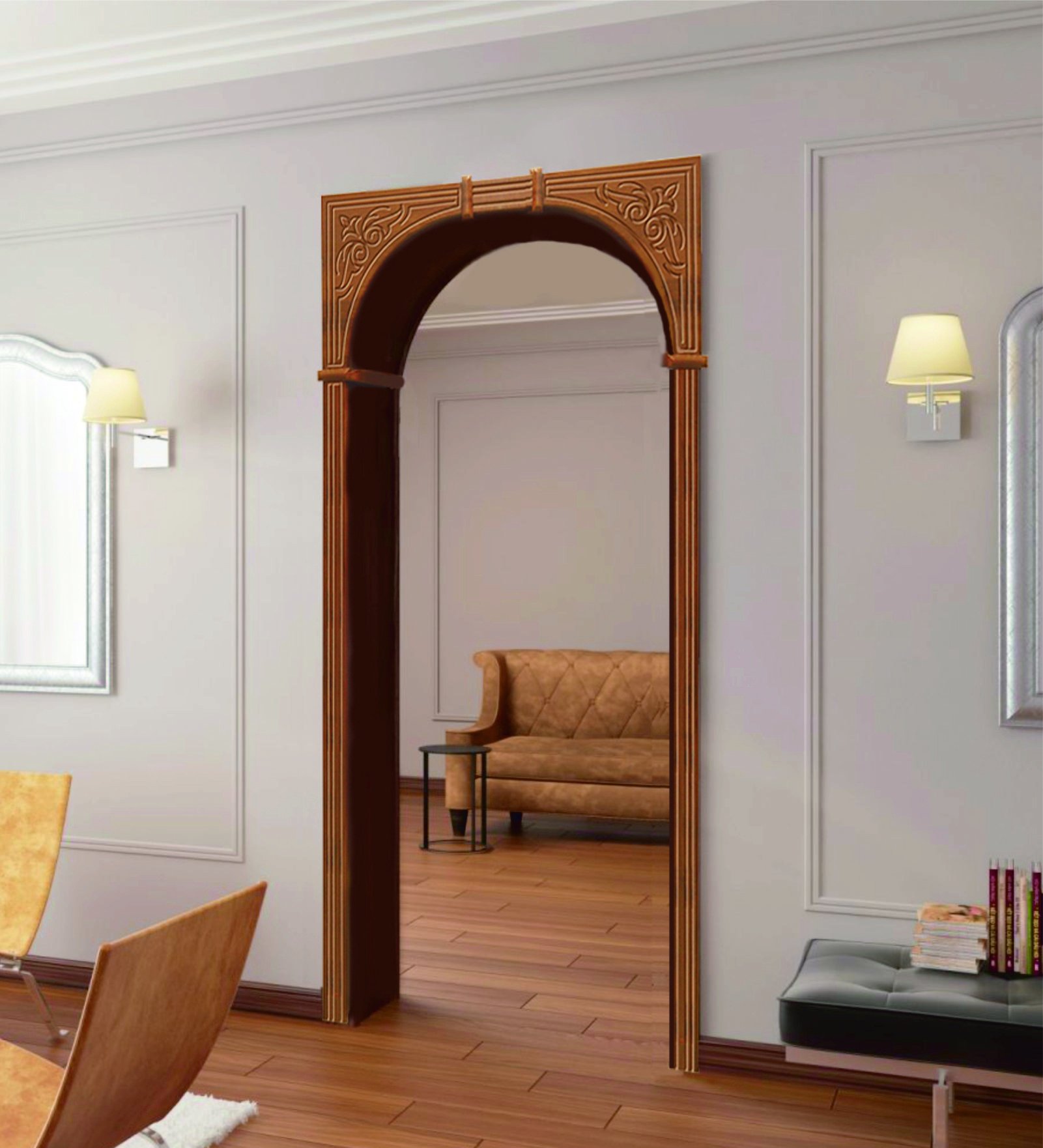 Оформление дверного проема без двери в гостиную декоративными деталями