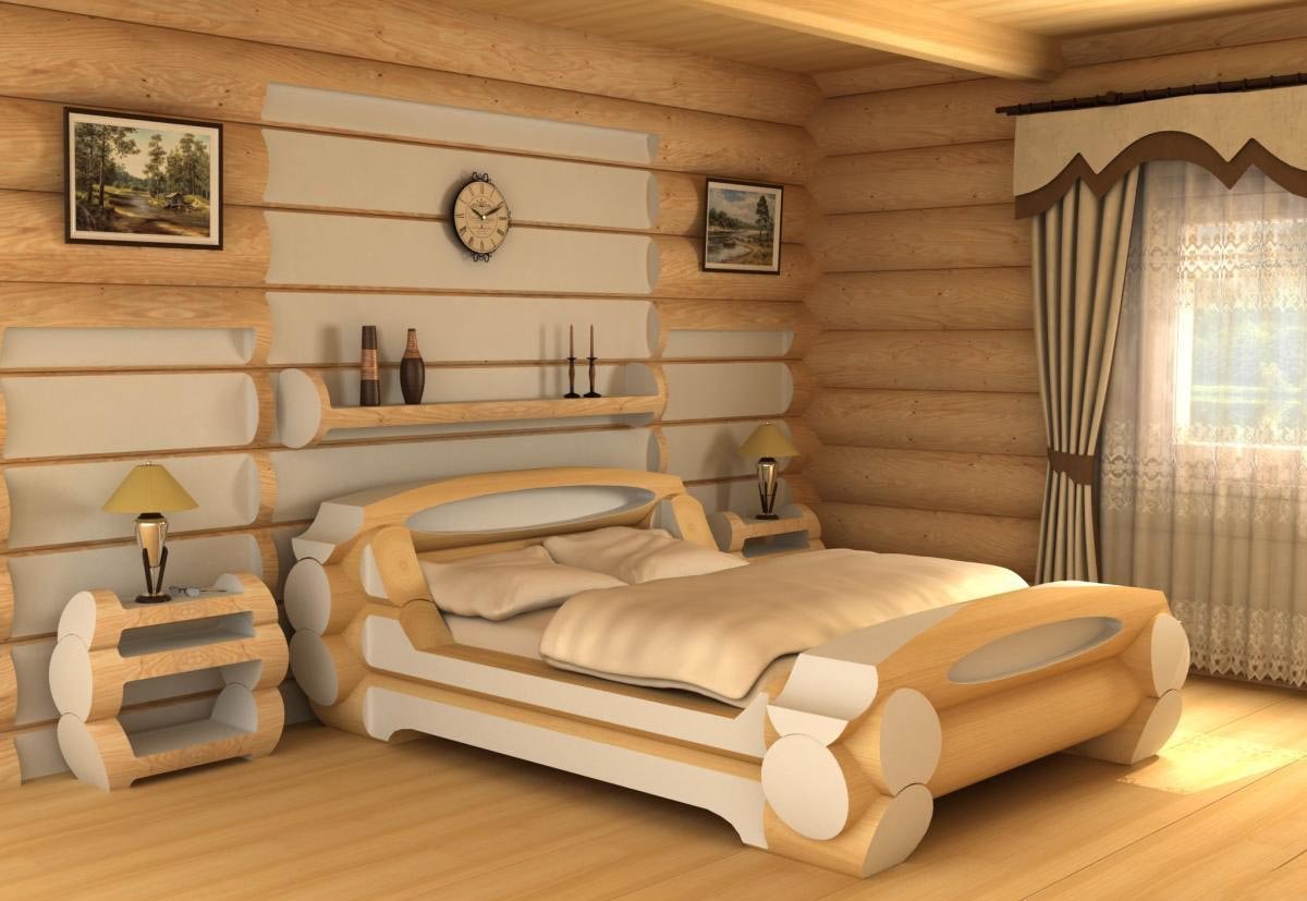 Рубленные изделия. Интерьер спальни в деревянном доме. Рубленная кровать. Красивая деревянная мебель. Кровать из бревен.