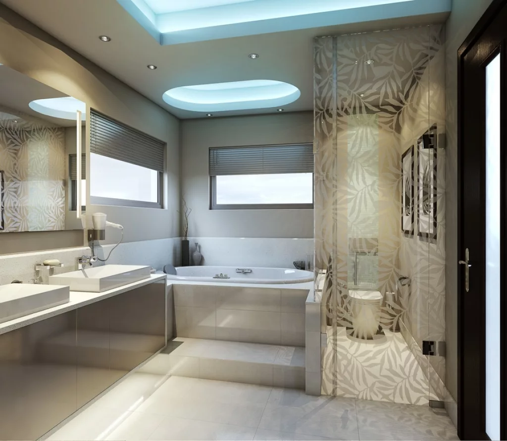 Ванная комната с перегородкой дизайн. Дизайнерские решения для ванной комнаты. Дизайнерский проект ванной комнаты. Ванная комната зонирование. Красивая ванная комната.
