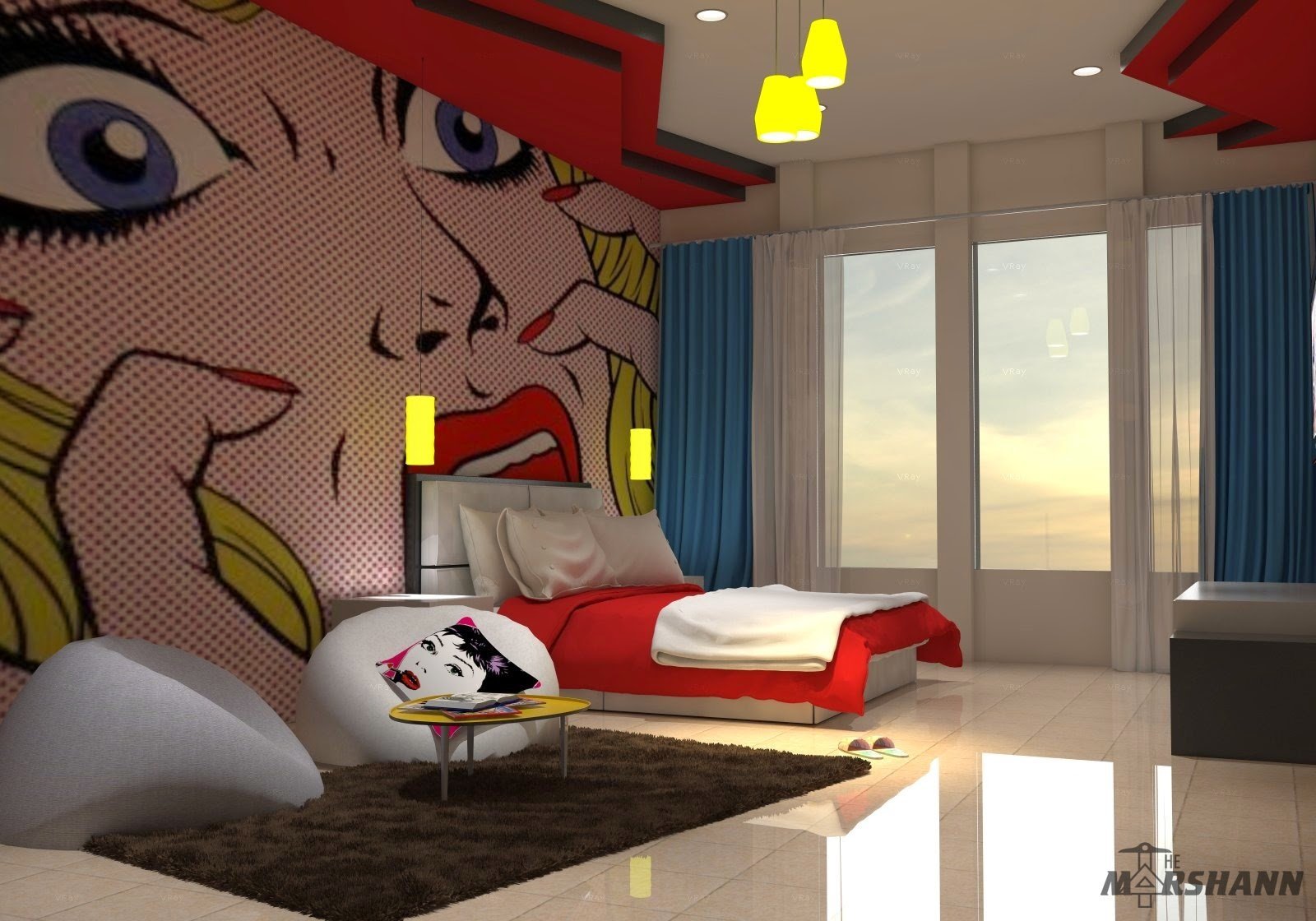 Bedroom pop. Стиль поп-арт в интерьере. Спальня в стиле поп арт. Комната в стиле поп арт. Кровать в стиле поп арт.