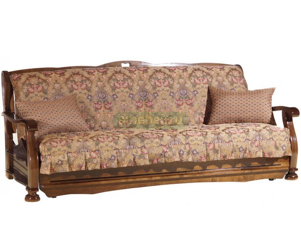 диван двухместный раскладной с деревянными подлокотниками