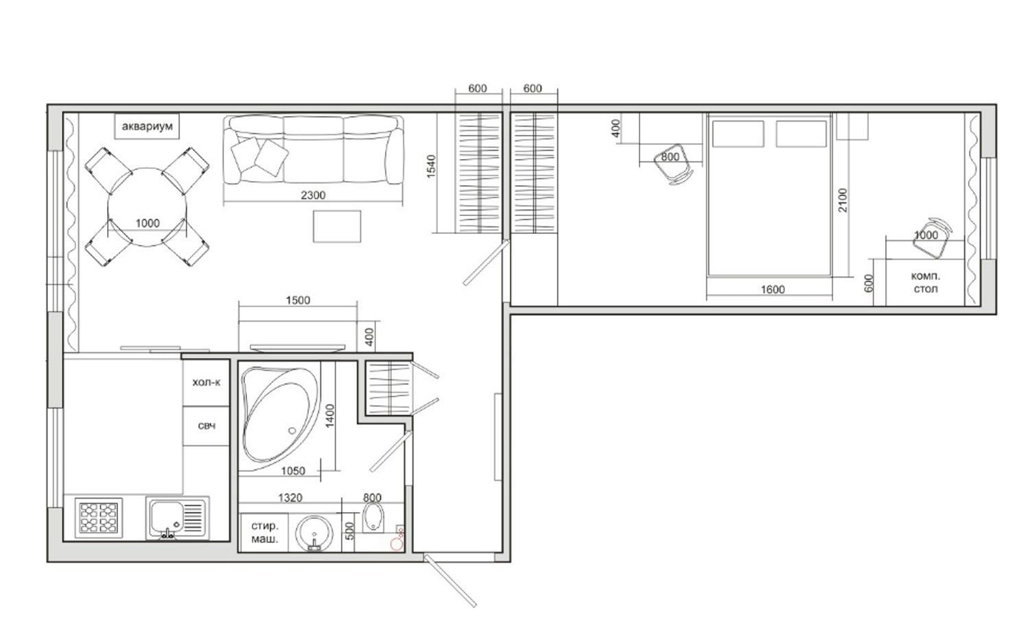 Дизайн проект хрущевки 2 комнаты 42м