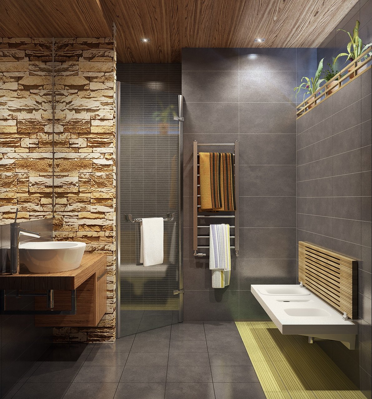 Ванная комната отделка стен панелями. Деревянный потолок в ванной. Дерево в интерьере ванной комнаты. Деревянные панели в ванной комнате. Современная отделка санузла.